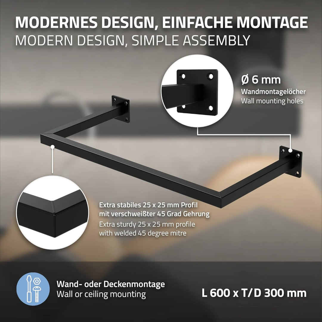 ML-Design 2er Set Kleiderstange Rechteck für die Wand, T30cm x B60cm, Schwarz, aus Stahl, Garderoben