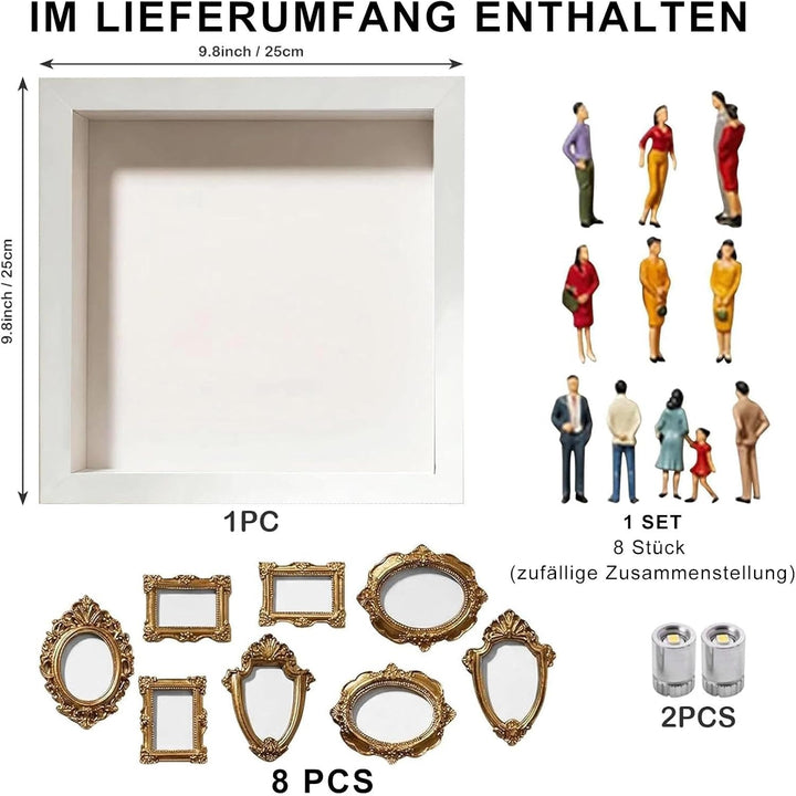 DIY-Mini-Museums-Silhouettenbox Foto-Erinnerungsset:Bilderrahmen mit LED-Licht, 8 Mini-Goldrahmen 8
