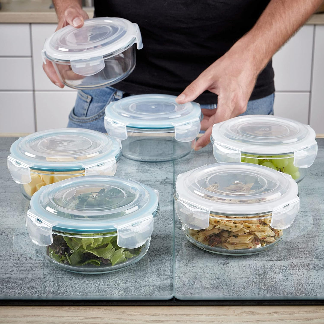 Grizzly Glas Frischhaltedosen, Set 6X 620 ml, luftdicht, rund, Click-Verschluss, vielseitige Vorrats