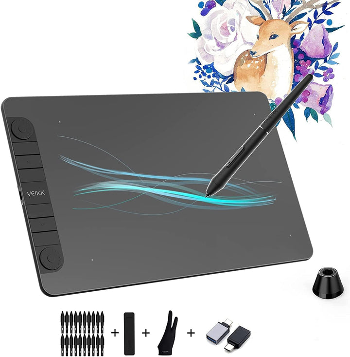 Grafiktablett VEIKK VK1060PRO V2,10 x 6 Zoll Zeichentablett mit 8 Tastenkombinationen mit Batterielo