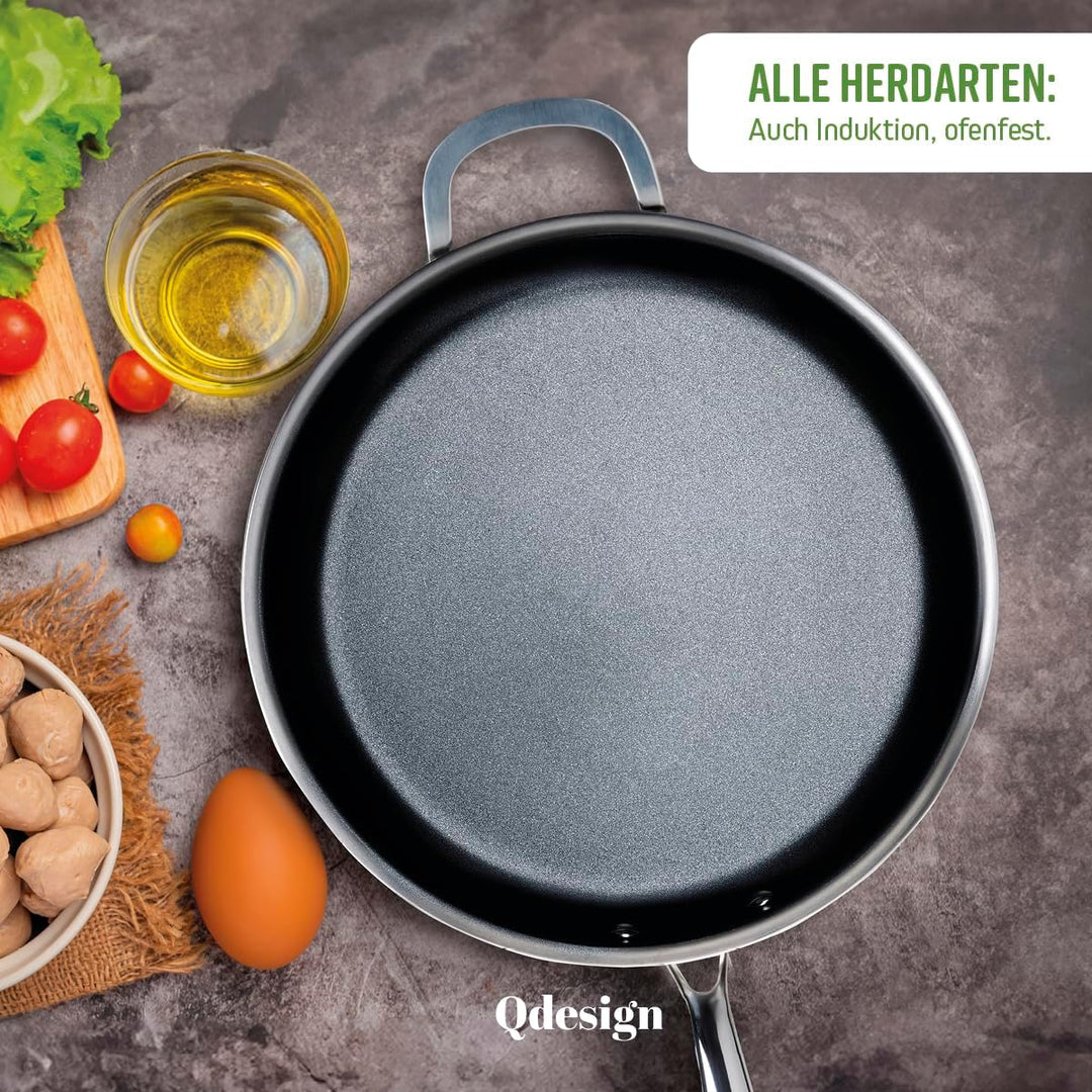 Qdesign - Dreischichtige Wok-Pfanne - Edelstahl mit Antihaftbeschichtung - Induktionsboden - Gesunde