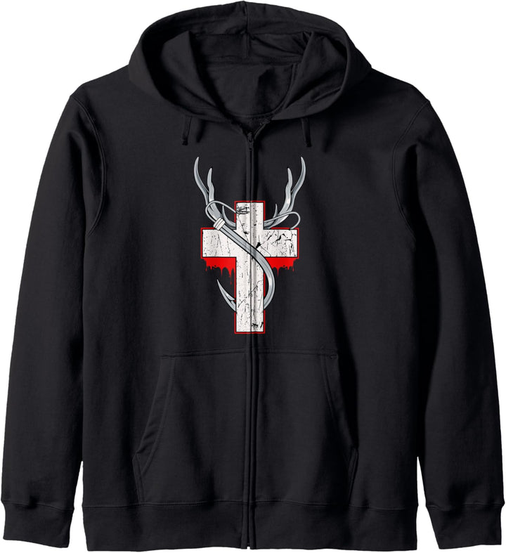 Christliches Kreuz Hirsch Jagd Angeln Jäger Angler Geweih Kapuzenjacke