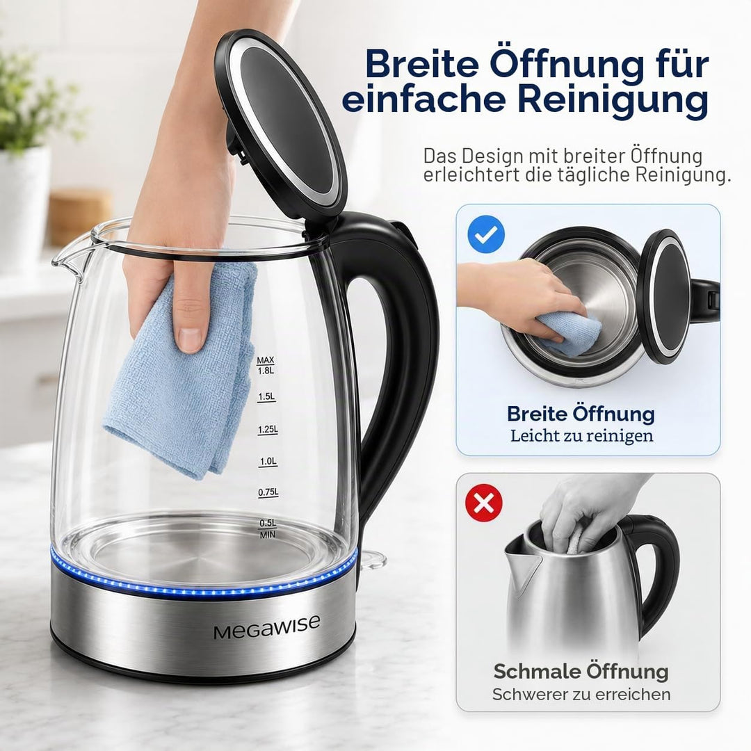 MegaWise Glas-Wasserkocher 1,8L, 1800W elektrischer Wasserkocher mit automatischer Abschaltung, Troc