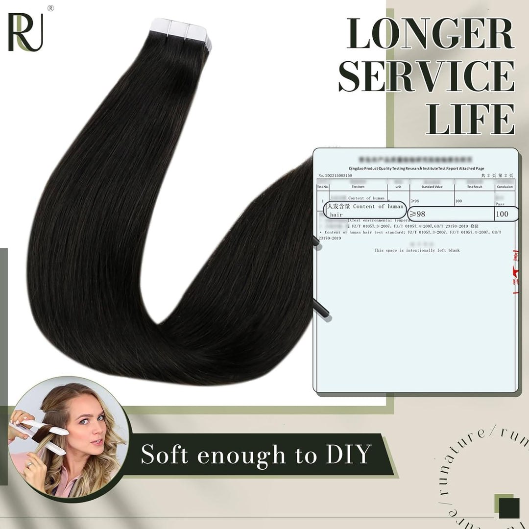 RUNATURE Unsichtbare Tape Extensions Echthaar Schwarz 50cm Haar Extensions Echthaar Tape Glatt Haarv