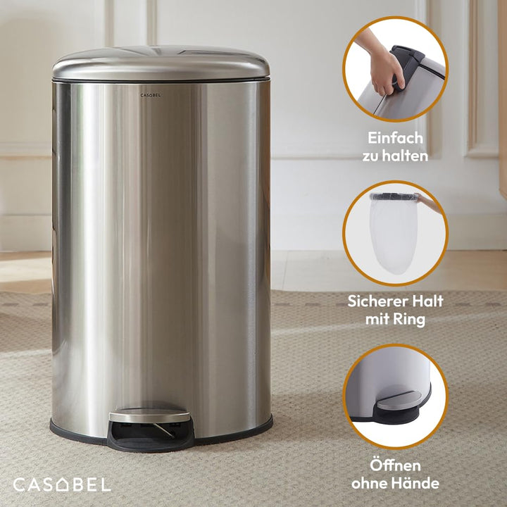 CASABEL Mülleimer Küche 50L - 100% Edelstahl, Resistent gegen Fingerabdrücke, Runder Treteimer mit F