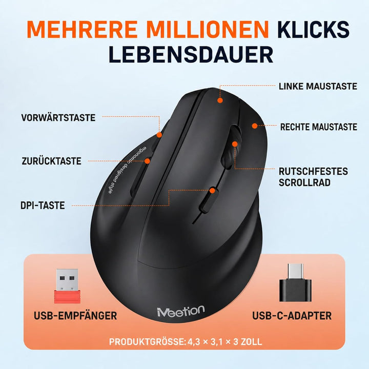 MEETION Ergonomische Maus, Kabellose Vertikale Maus RGB Wiederaufladbare Funkmaus für Bluetooth(5.2