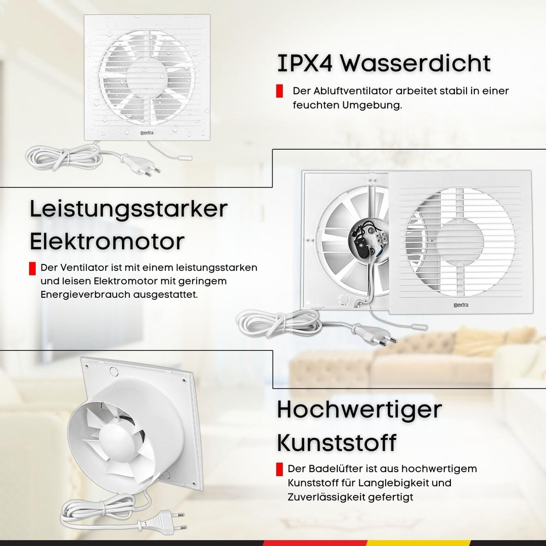 Steinberg14 Badlüfter Ø 150mm Weiss mit Zugschnur und Stecker - Abluftventilator Ventilator Lüfter B