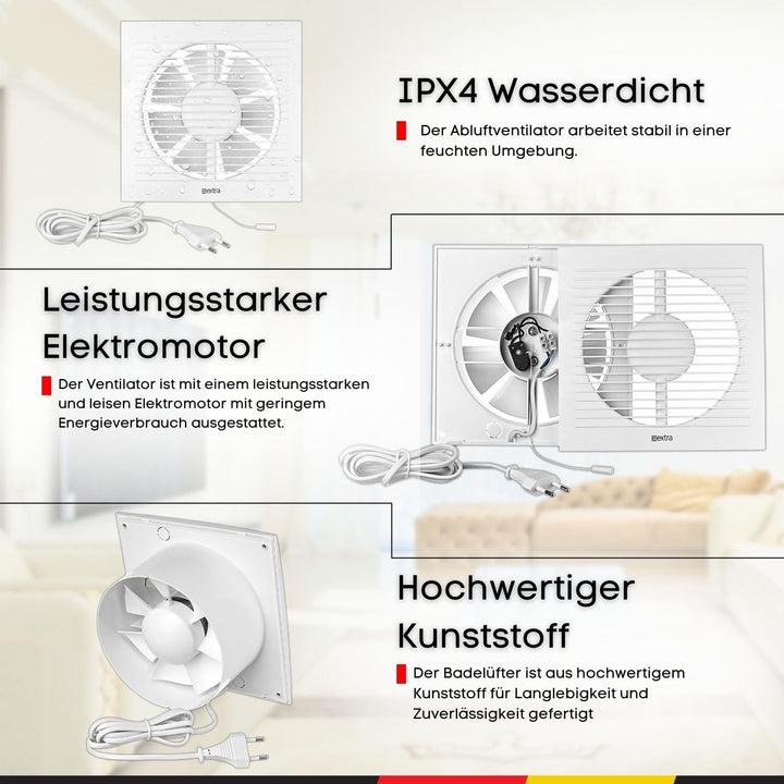 Steinberg14 Badlüfter Ø 150mm Weiss mit Zugschnur und Stecker - Abluftventilator Ventilator Lüfter B