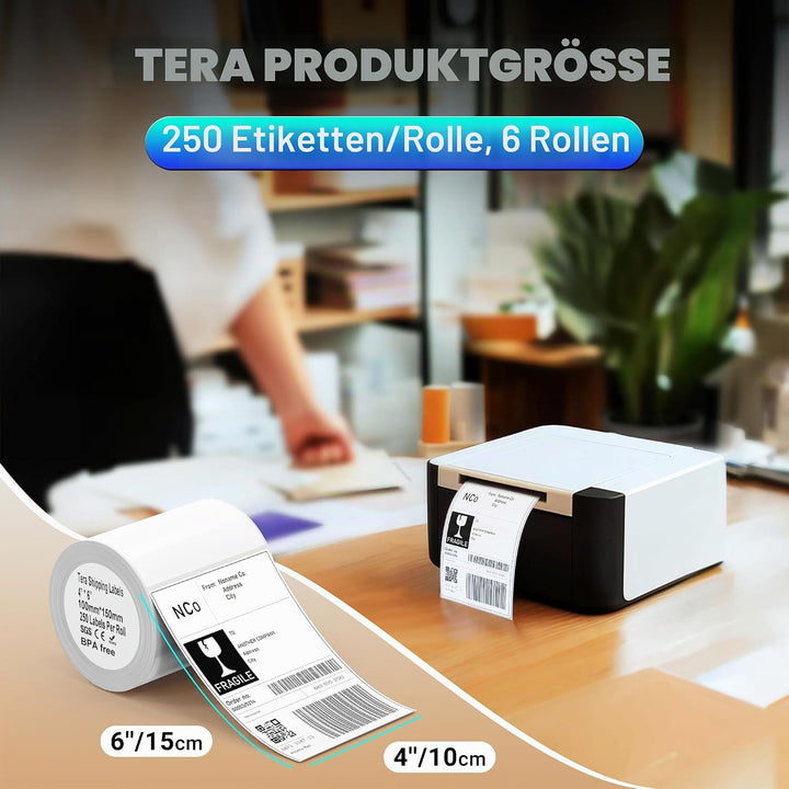 Tera Shipping Label Versandetiketten 100 x 150 mm, 250 Labels x 6 Rollen = 1500 Labels für Verschied