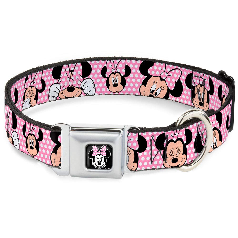 Buckle-Down Seatbelt Buckle Dog Collar - Minnie Mouse Expressions Polka Dot Pink/White - 1" Wide - F