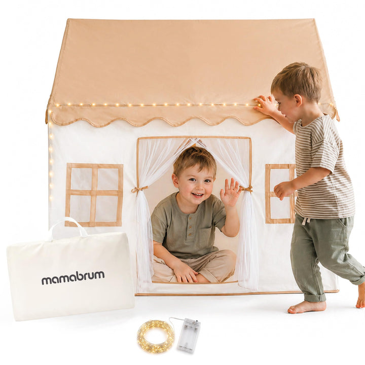 mamabrum XXL Spielhaus Zelt für Kinder aus Polyester mit LED Beleuchtung und Fenstern, Skandinavisch