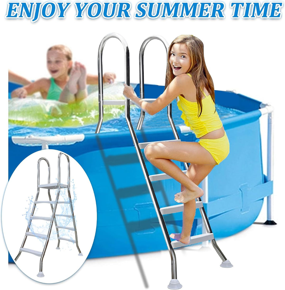 rutschfeste Treppe für Aufstellpools, Strapazierfähige 4-stufige Edelstahlleiter, Doppelte Handläufe