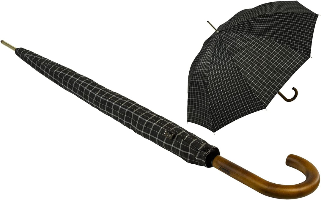 iX-brella Herren-Stockschirm Automatik mit Echtholz-Rundhakengriff - Karo schwarz Check Black, Check