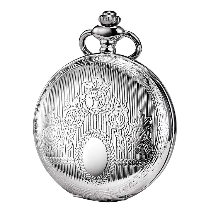 TREEWETO Unisex Taschenuhr mit Kette Analog Handaufzug Skelett Römische Ziffern Silber