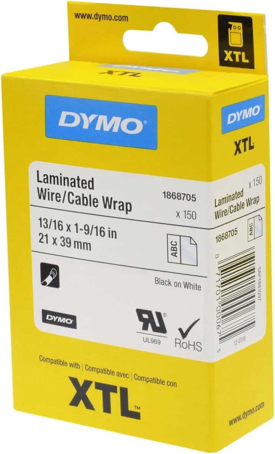 Dymo XTL Laminiertes Kabeletikett | Vinyl | selbstlaminierend 21 x 39 mm | 150 Etiketten | schwarz a