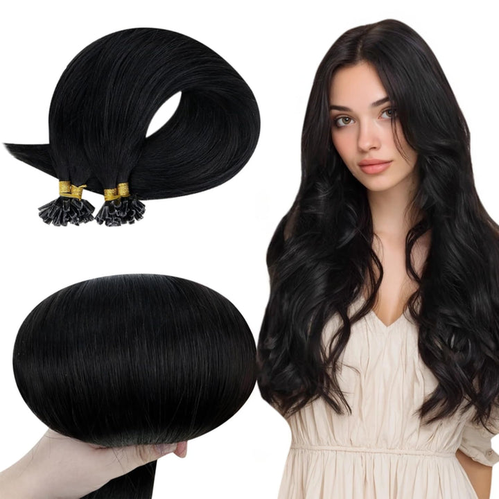 RUNATURE Bondings Extensions Echthaar 60cm Lang Haarverlangerung Echthaar Bondings Schwarz 50g 50s K
