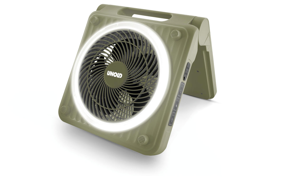 Unold 86516 Standventilator – Solarventilator für Camping | Akku-Solar-Ventilator mit LED-Beleuchtun