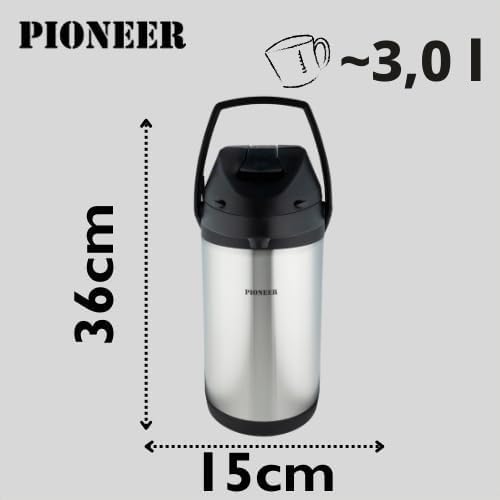 Pioneer Airpot Isolier-Pumpkanne, 3 Liters, Edelstahl-Getränkespender, Doppelwandig mit Griff, Bis z