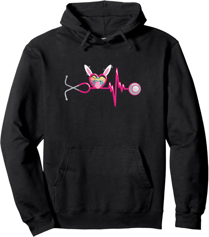 Nurse - Easter Day - Heartbeat Stethoscope Shape Bunny Ears Pullover Hoodie