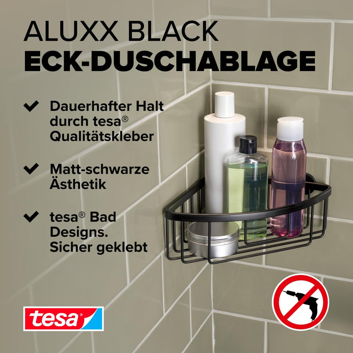 tesa ALUXX BLACK Eck-Duschablage zur Wandmontage ohne Bohren, schwarz matt - einstöckig - für Bäder