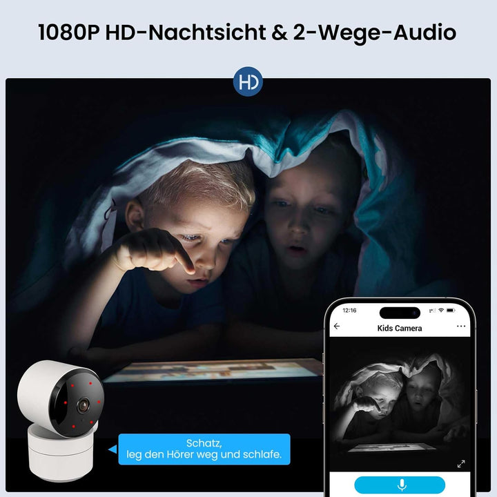 AMOROM WLAN Überwachungskamera Innen 360°, 1080p Kamera Überwachung mit Nachtsicht, 2 Wege Audio, Be