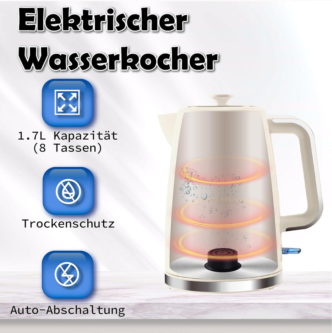 1.7L Wasserkocher, Schnellkochender 1850W Heisswasserkessel, Elektrischer Teekocher für kochendes Wa