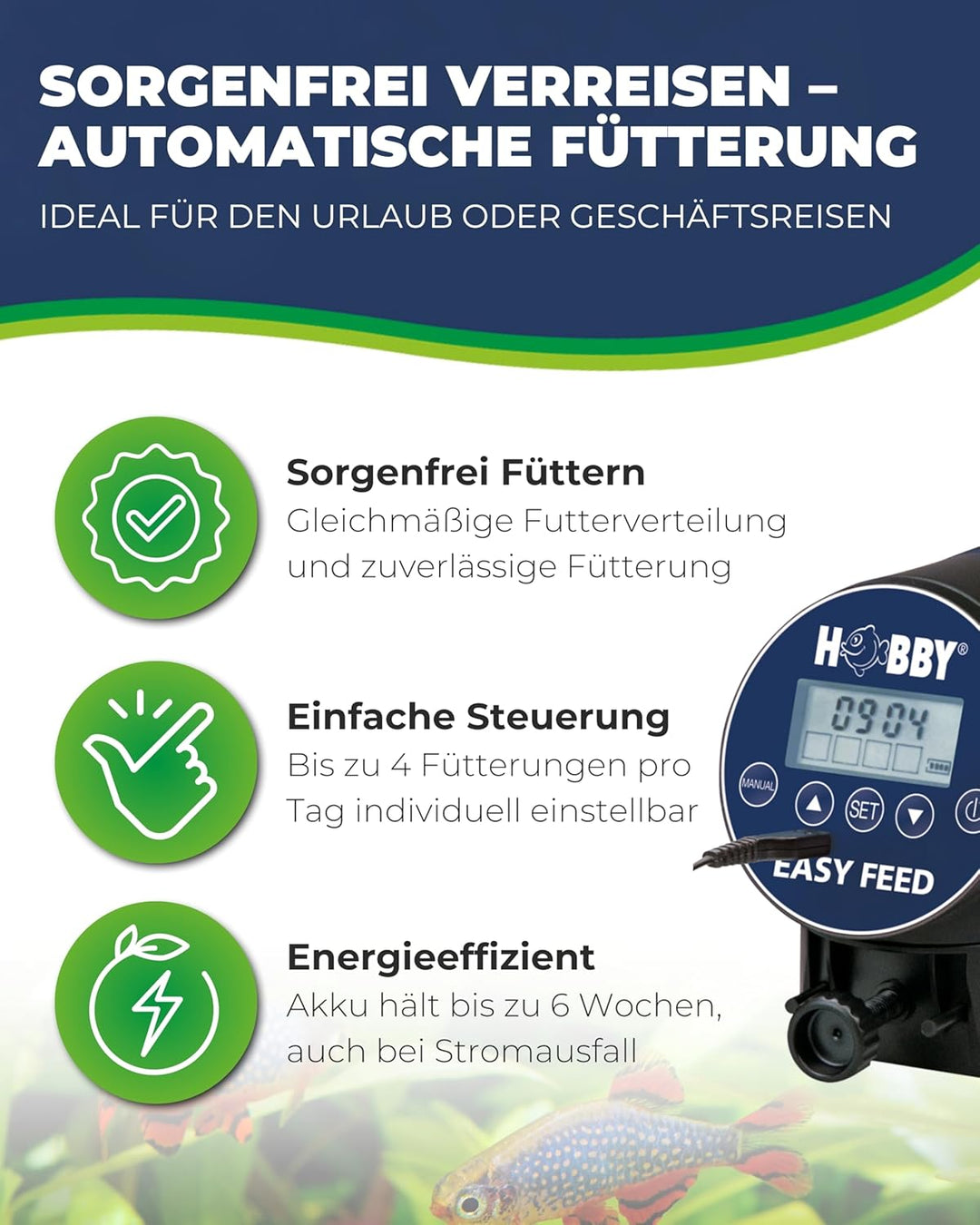 Hobby 10810 Easy Feeder, programmierbarer Futterautomat für Aquarien, blau-schwarz