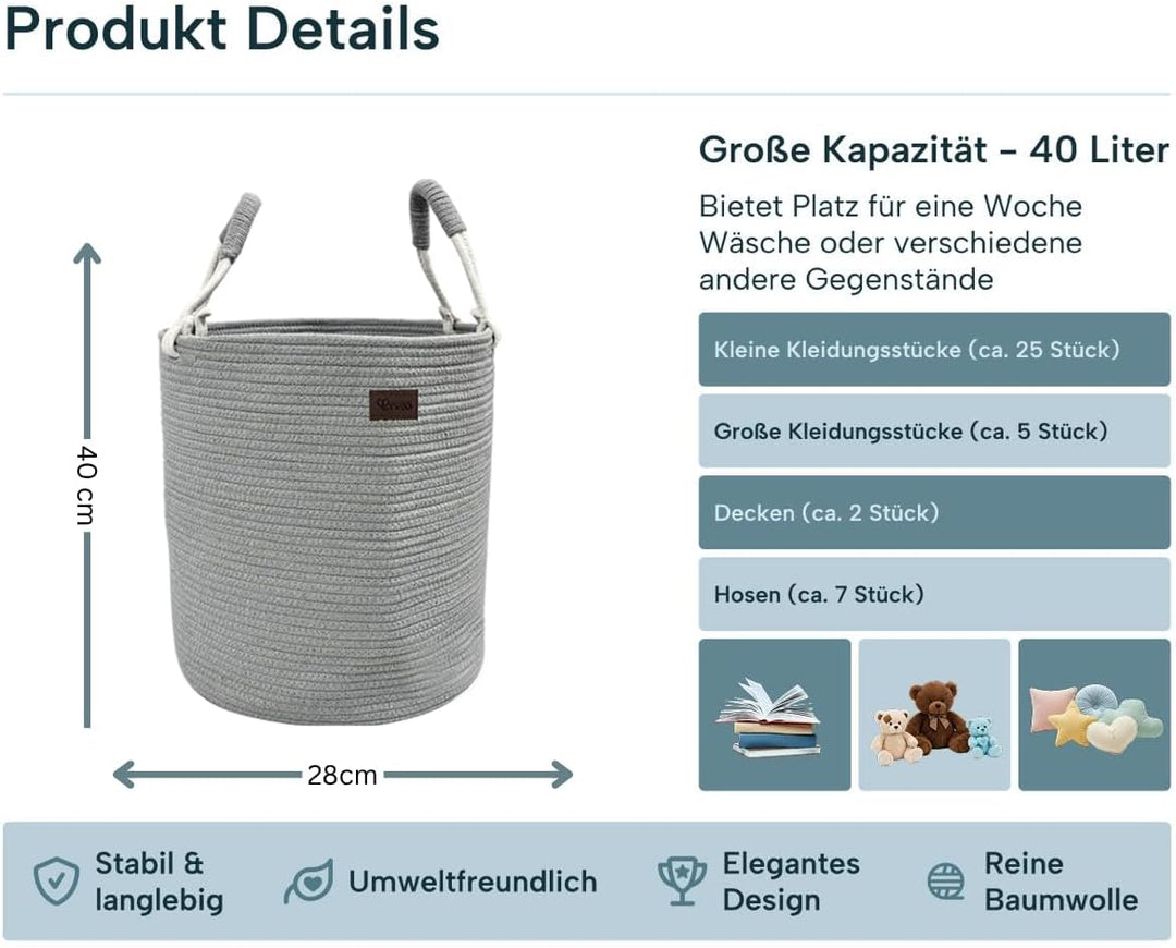 Wäschekorb aus Baumwolle 40 L Wäschesammler Aufbewahrungskorb, Baumwollseil mit Griff, Kordelzug, Wä