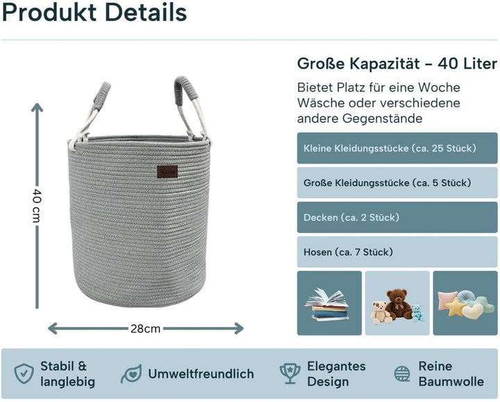 Wäschekorb aus Baumwolle 40 L Wäschesammler Aufbewahrungskorb, Baumwollseil mit Griff, Kordelzug, Wä