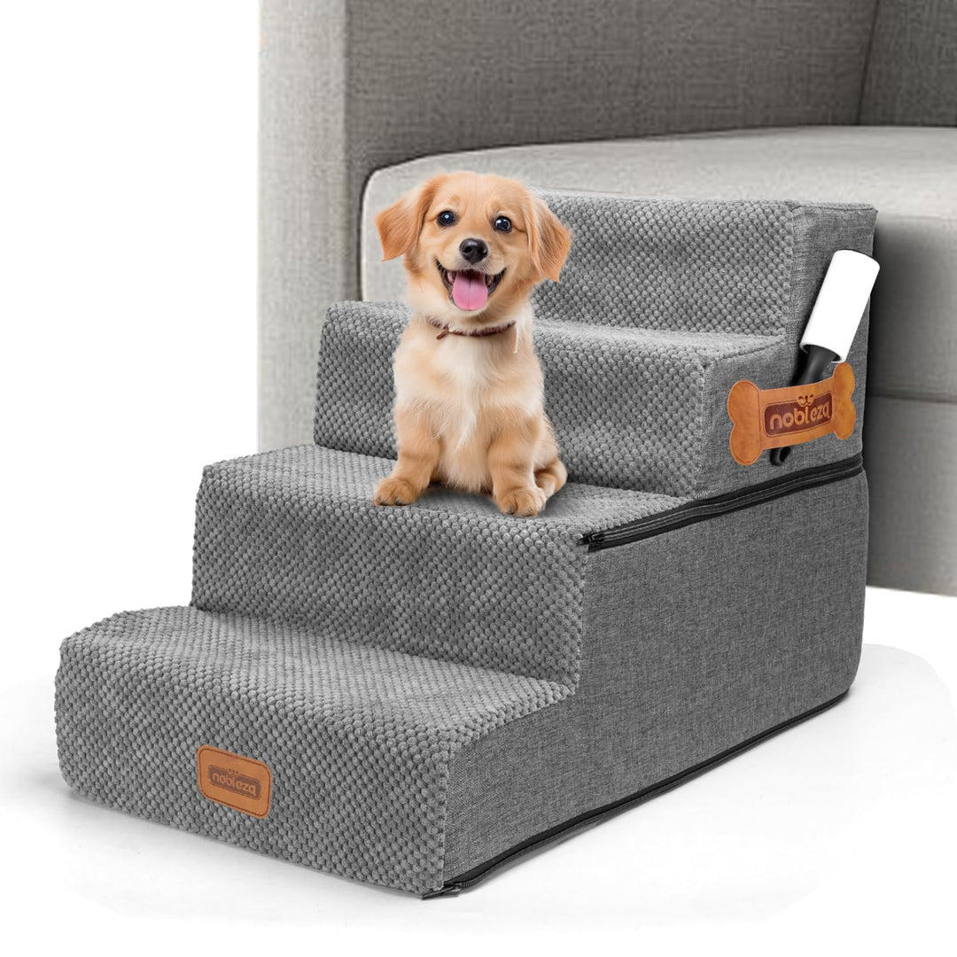 Nobleza Hundetreppe für Kleine Hunde, Hunderampe und Haustiertreppe mit Fusselrolle, 4 Stufen Katzen