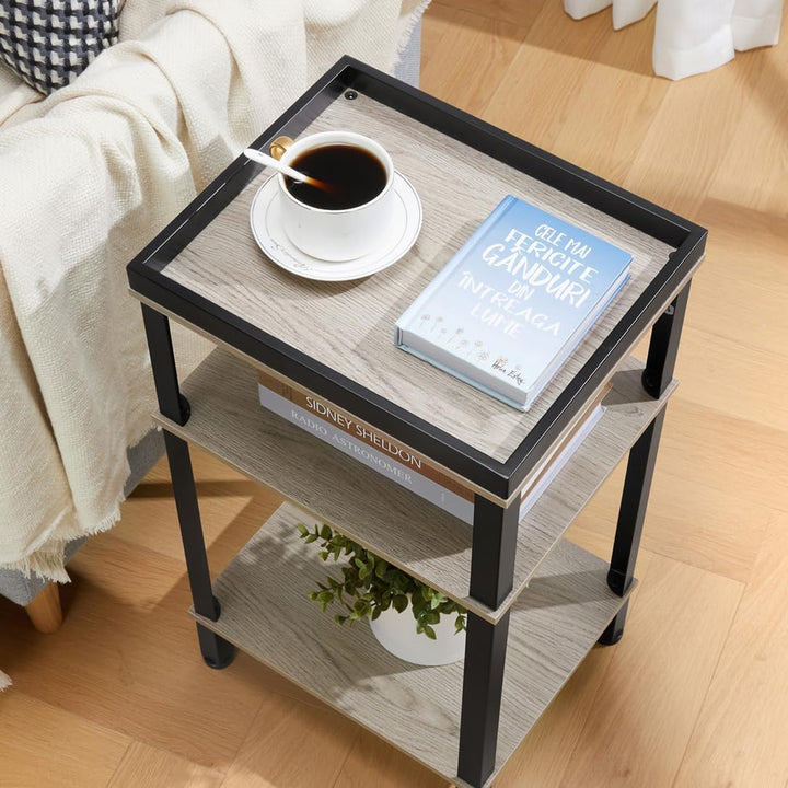 Beistelltisch Rechteckig Schmal, 3 Ebenen Nachttisch Industrial Design, Kleiner Couchtisch mit Table