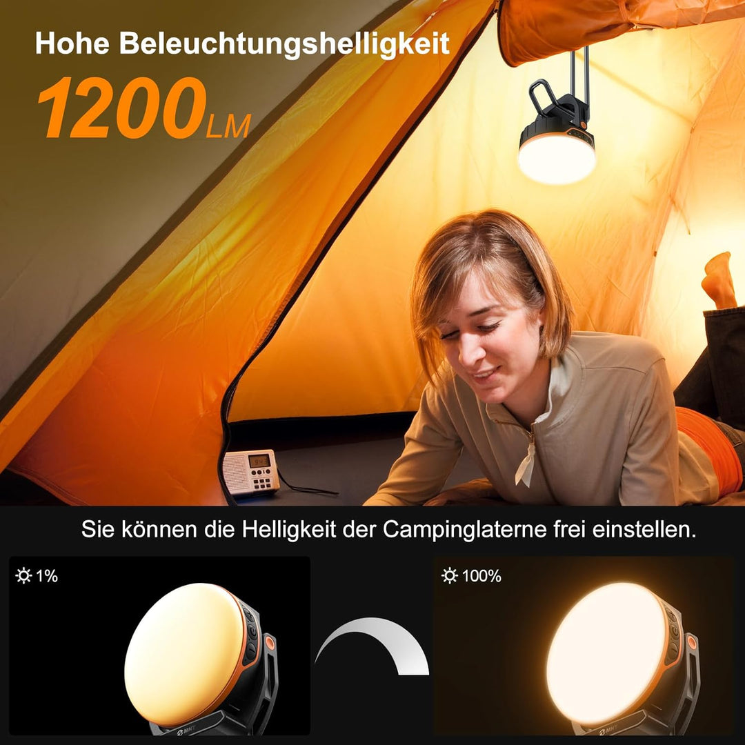 EMNT LED Campinglampe 10000mAh Akku Camping Laterne mit USB C Aufladbar, 5 Lichtmodi, Stufenloses Di