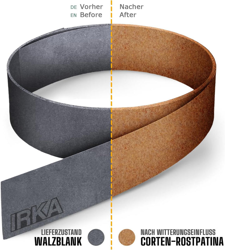 IRKA Rasenkantenband Cortenstahl Garten 15cm x 20m x 1mm | Cortenstahl Rasenkante Rost mit Versteifu