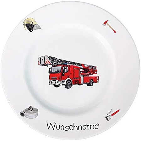 Kindergeschirr personalisiert - Frühstücksservice 3-tlg. Porzellan Feuerwehr Teller Becher Schale pe
