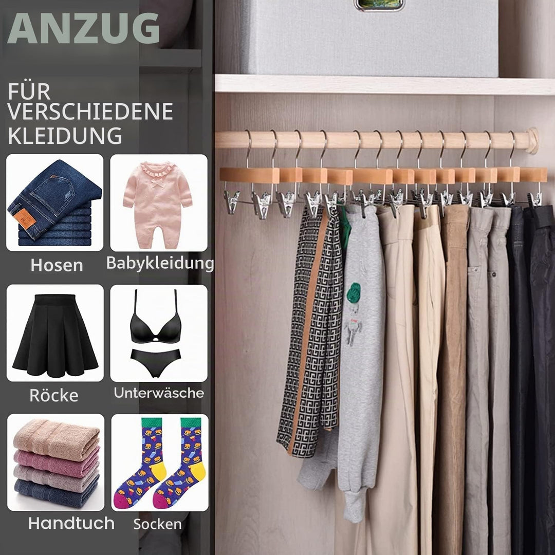 Amber Home 10 Stück 35,5cm Kleiderbügel aus Holz für Hose, Natürliche | Verstellbare Rutschfest Clip