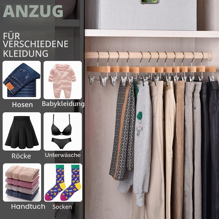 Amber Home 10 Stück 35,5cm Kleiderbügel aus Holz für Hose, Natürliche | Verstellbare Rutschfest Clip