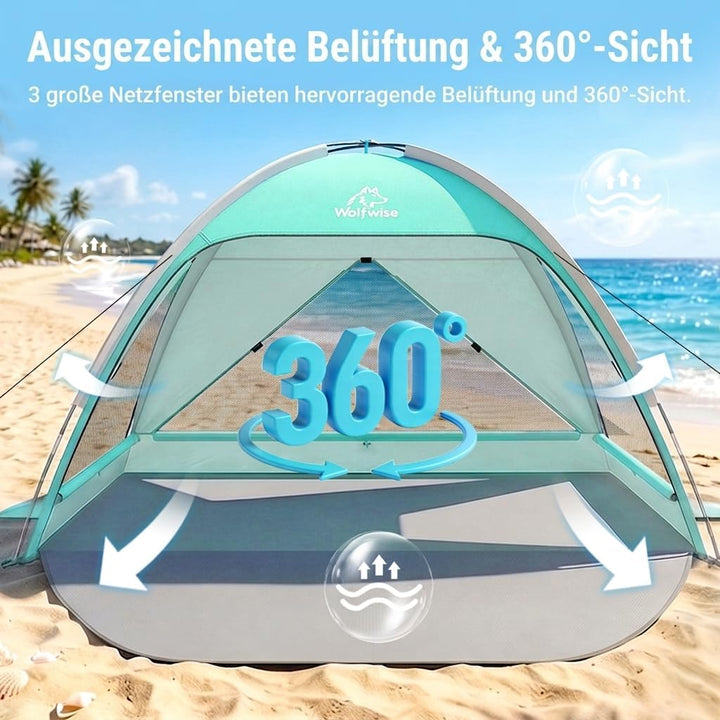 Wolfwise Strandmuschel UV Schutz, 3 Belüftungsfenster & Tragetasche, Strand Zelt mit erweiterbarem B