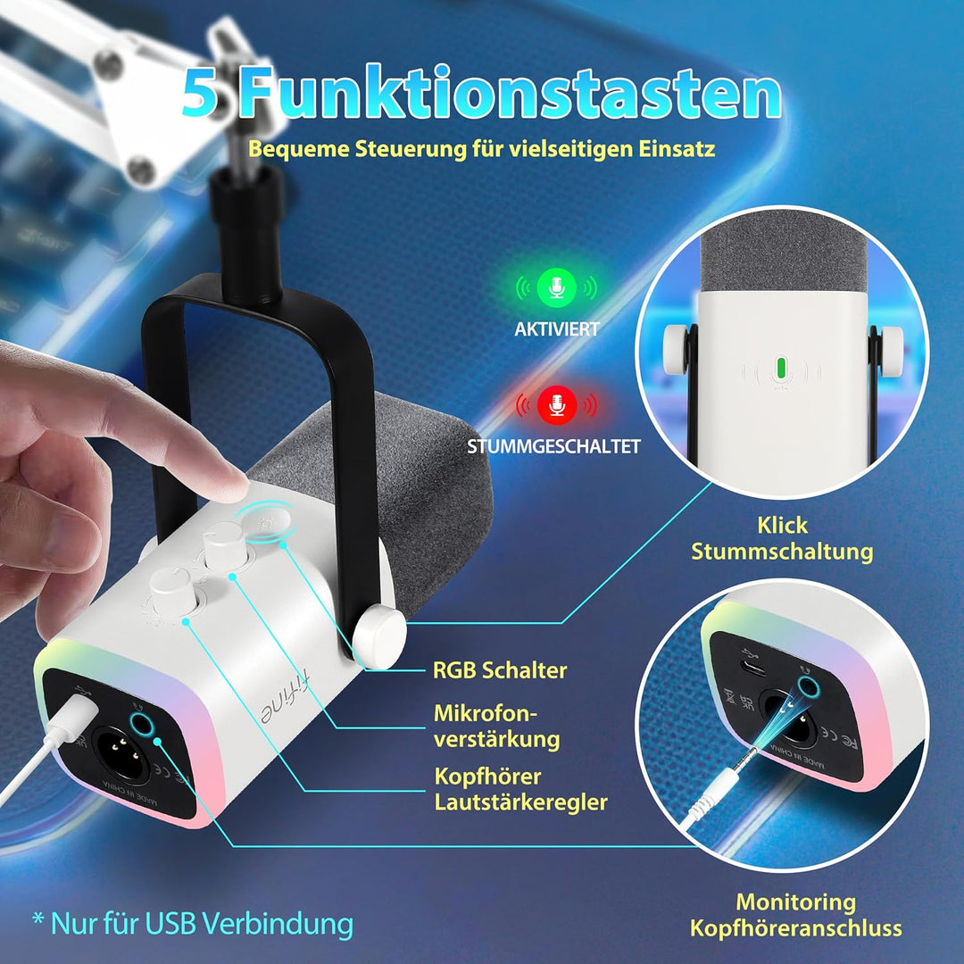 Fifine XLR Streaming Mikrofon mit Arm für Podcast Studio, USB Dynamisch Microphone Gaming PC mit Stu
