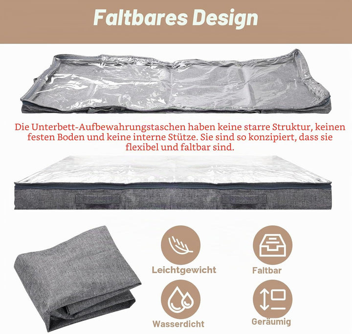 10 cm hohe 50L Unterbett Aufbewahrungsbox 2 Stück mit Sichtfenster und 2-Wege-Reissverschluss,faltba