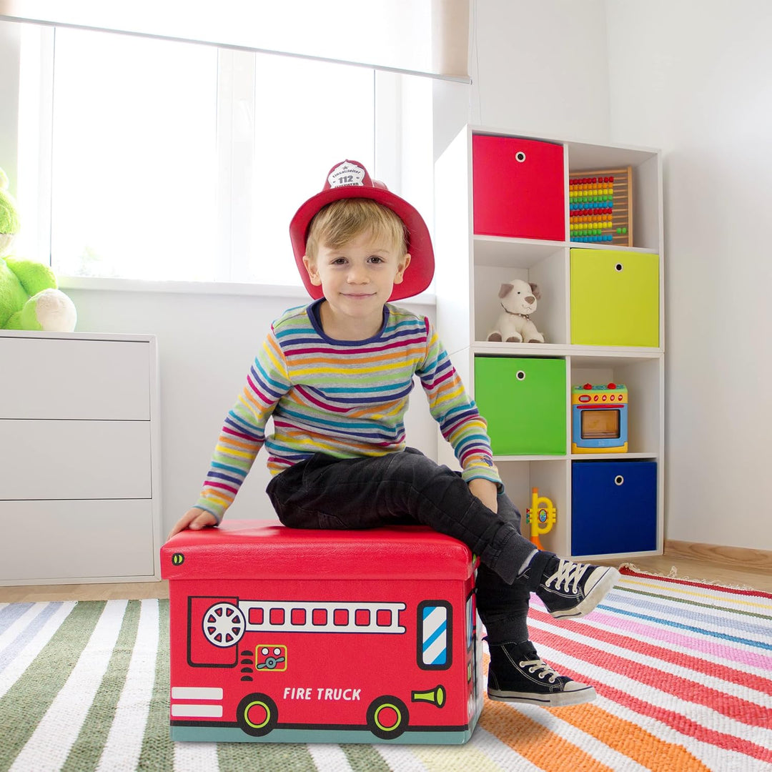 Relaxdays Faltbare Spielzeugkiste Feuerwehr HBT 32 x 48 x 32 cm stabiler Kinder Sitzhocker als Spiel