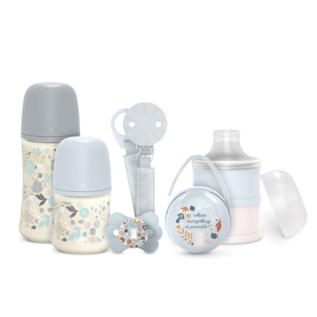 Suavinex, Neugeborenen-Geschenkset, Anti-Kolik-Flaschen-Set mit 150 ml und 270 ml + Schnuller 0/6 Mo