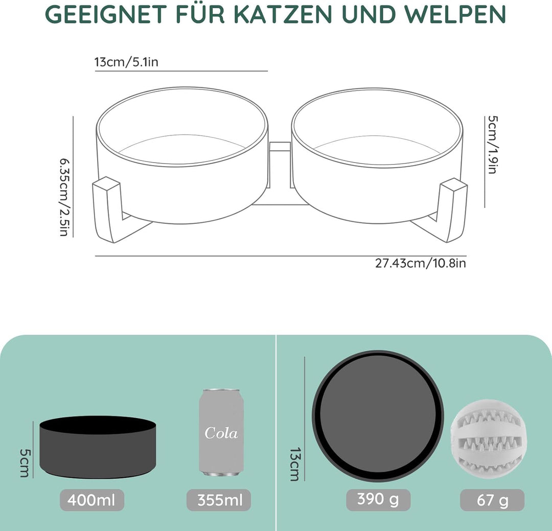 SPUNKYJUNKY Hundenapf Keramik Doppel Hund Futternapf mit Bambus Ständer für Katzen und Hunde (400ml,