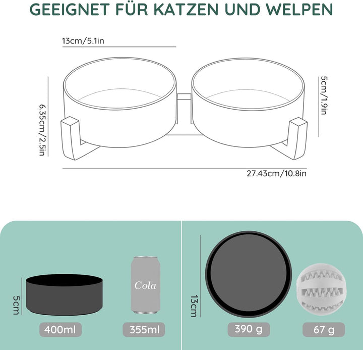 SPUNKYJUNKY Hundenapf Keramik Doppel Hund Futternapf mit Bambus Ständer für Katzen und Hunde (400ml,