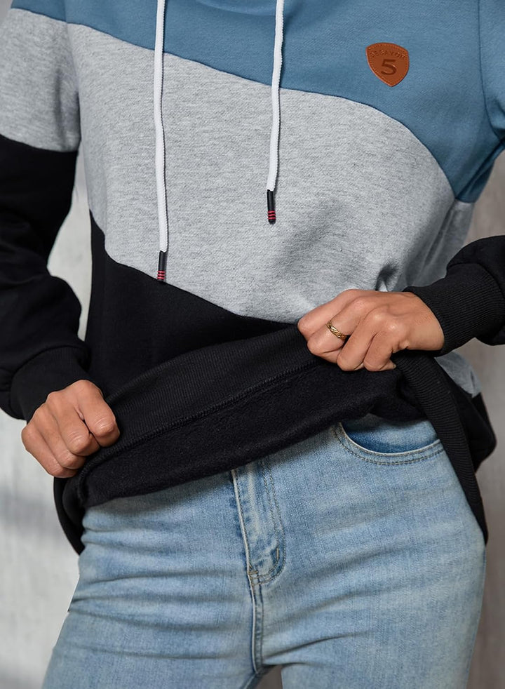 Damen Kapuzenpullover Stehkragen Hoodie Pullover Farbblock Sweatshirt Langarmshirt Oberteile für Her