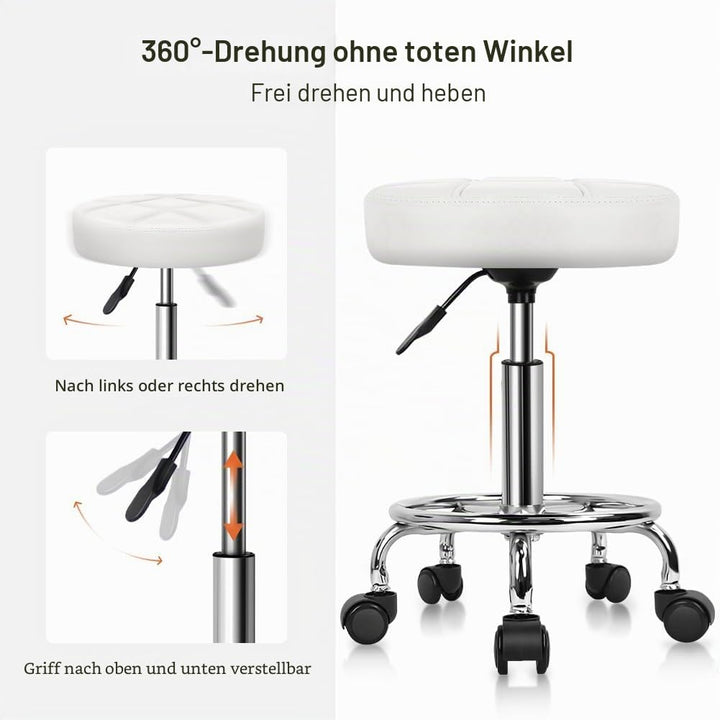 KKTONER Rollhocker Arbeitshocker Barhocker höhenverstellbar 49-64cm drehbar aus Kunstleder Weiss, We