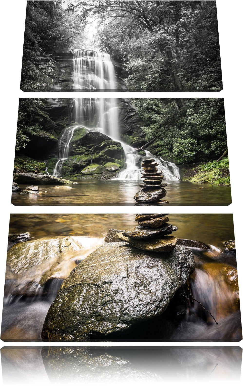 Pixxprint Zen Steine vor Wasserfall B&W Detail 3-Teiler Leinwandbild 120x80 Bild auf Leinwand