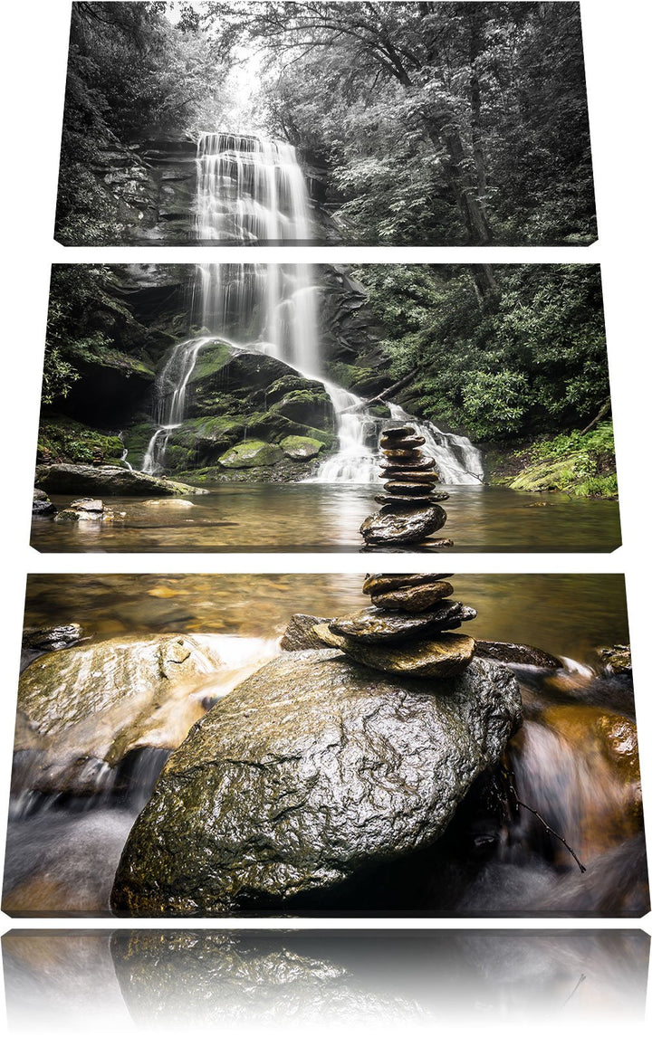 Pixxprint Zen Steine vor Wasserfall B&W Detail 3-Teiler Leinwandbild 120x80 Bild auf Leinwand
