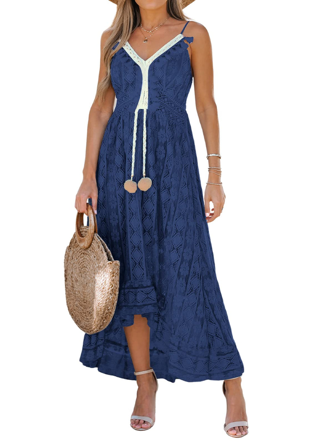 CUPSHE Damen Sommerkleid V Ausschnitt Floral Spitze Quasten Spaghetti Trägerkleid Freizeitkleider Hi