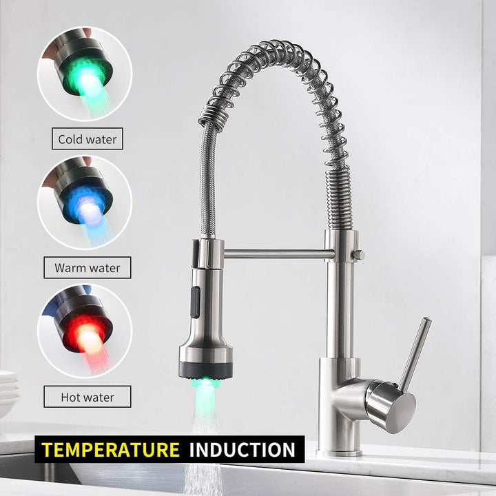 TIMACO LED Küchenarmatur mit Spiralfeder,Wasserhahn Küchen 360°Schwenkbare Spültischarmaturen,Brause