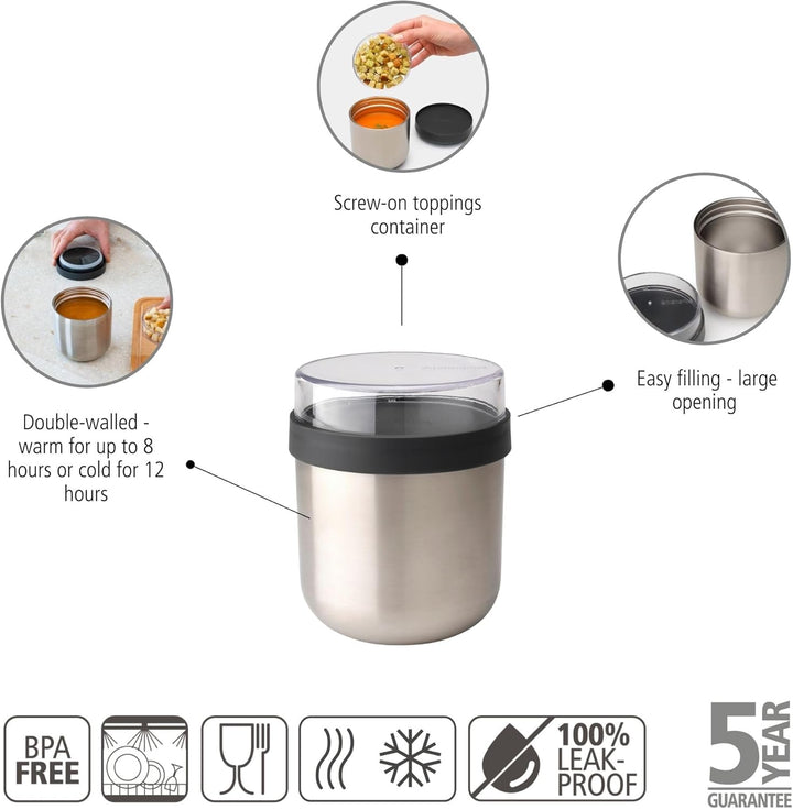 Brabantia - make & take Thermo Lunchbecher, Auslaufsicher mit durchsichtigem Toppingbehälter, Hält S
